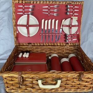 Vintage Wicker Picnic Basket Set Sirram England 6 Person Service Insulated